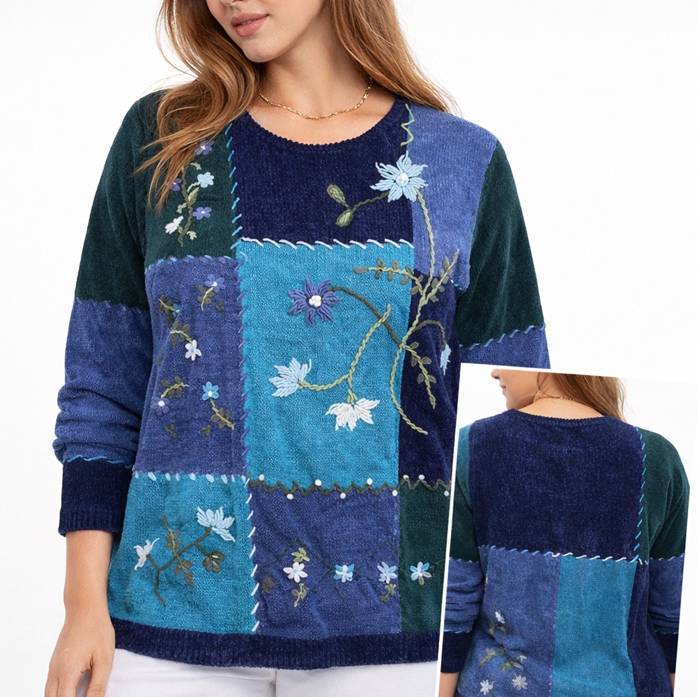 White‎ Stag Plus Floral Patchwork Sweater - Blue and Green